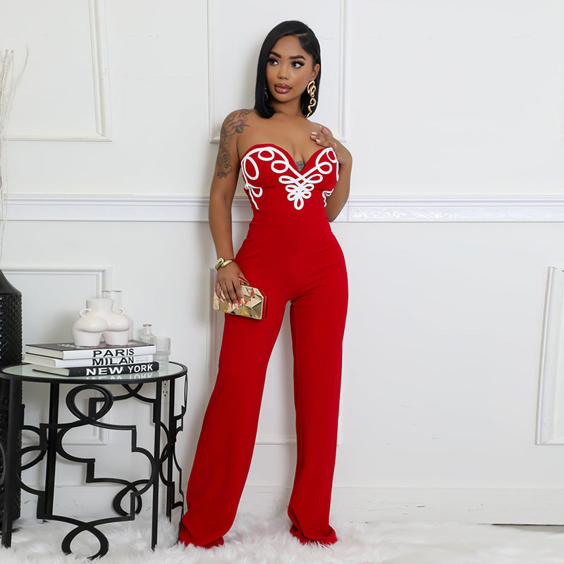 Women Spring/Summer Strapless V-Neck Print Zipper Bell Bottom Jumpsuit