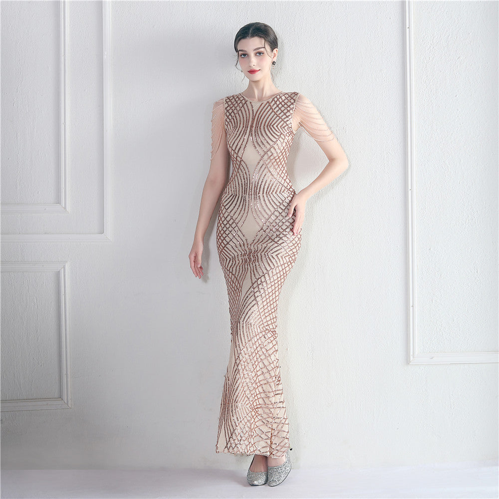 Decorative Crystal Diamond Chain Sequin Embroidery Stripe Positioning Flower Dinner Ceremony Long Evening Dress 4
