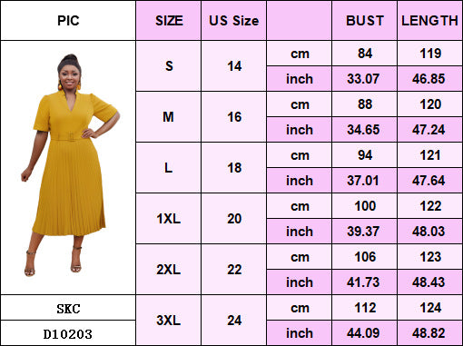 Plus Size Women's Office Summer Short Sleeve Fashion V-Neck High Waist Chic Pleated Long Dress 14