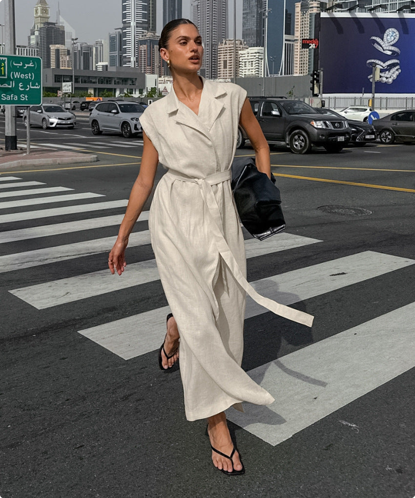 Women French Turndown Collar Belt Dress