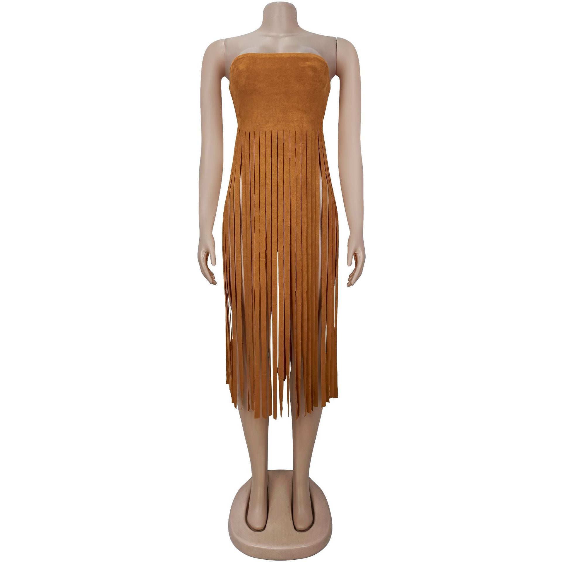 Women Sexy Suede Strapless Solid Fringe Dress 9