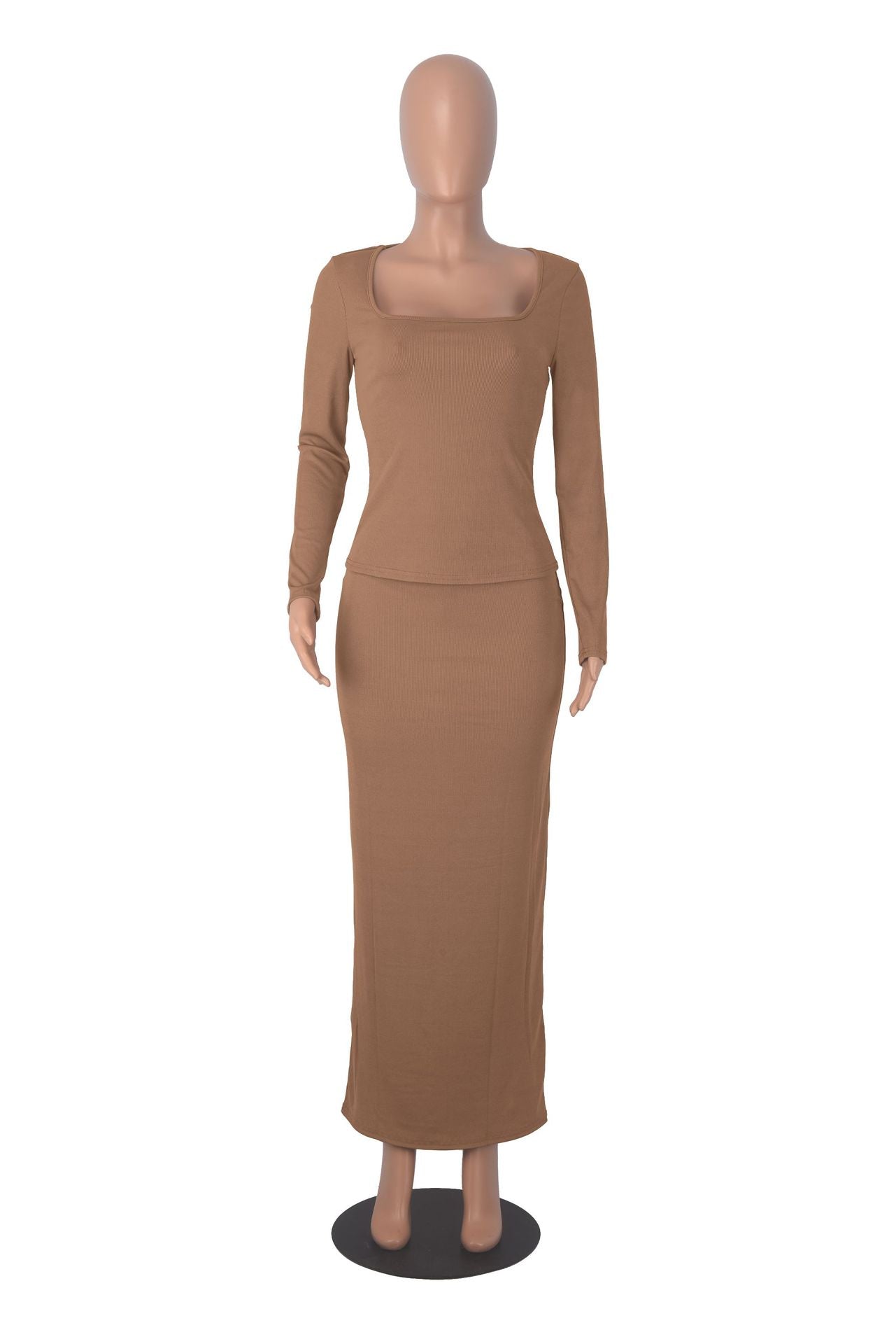 Autumn And Winter Fashionable Square Neck Long Sleeve Top Slim Waist Bodycon Women's Long Skirt Two-Piece Set 12