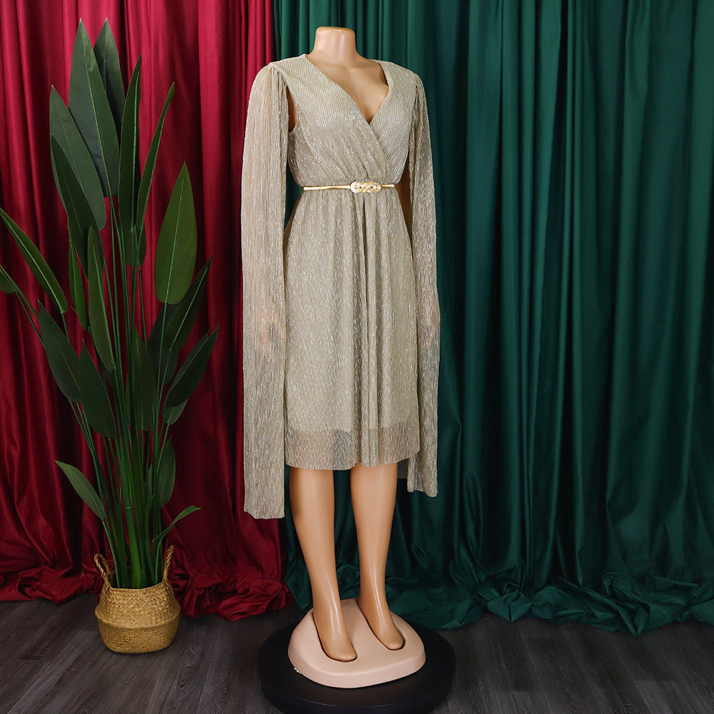 Belted V-Neck Chic Long Sleeve Cape Slim Waist Gown Dress 21