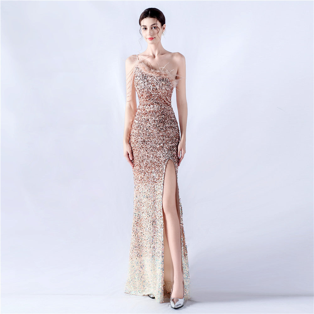 Women Ostrich Feather Beaded Sequin One Shoulder Slash Shoulder Slit Evening Dress 6