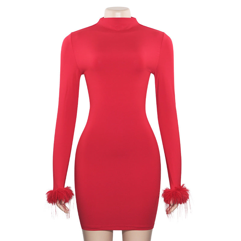 Autumn Solid Color Round Neck Feather Patchwork Slim Sexy Short Dress 12