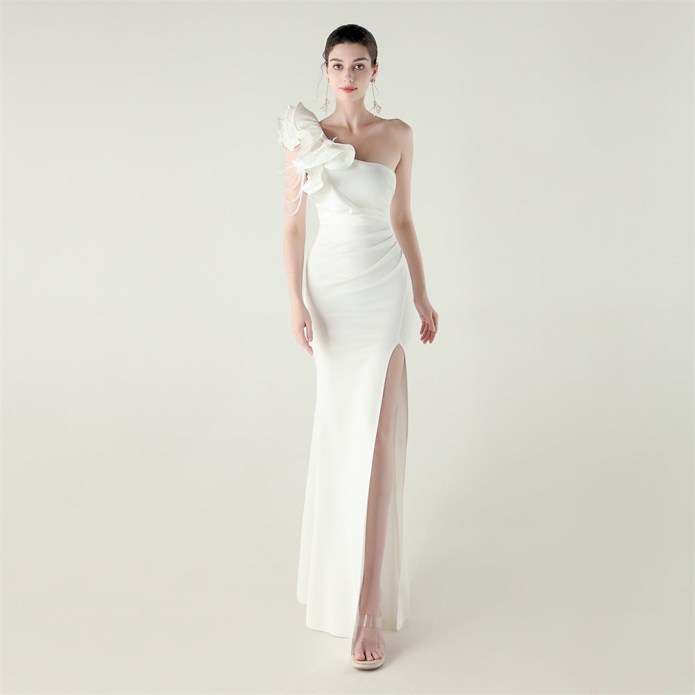 Women One-Shoulder Beaded Wool and Floral Satin Slit Sexy Evening Dress 19