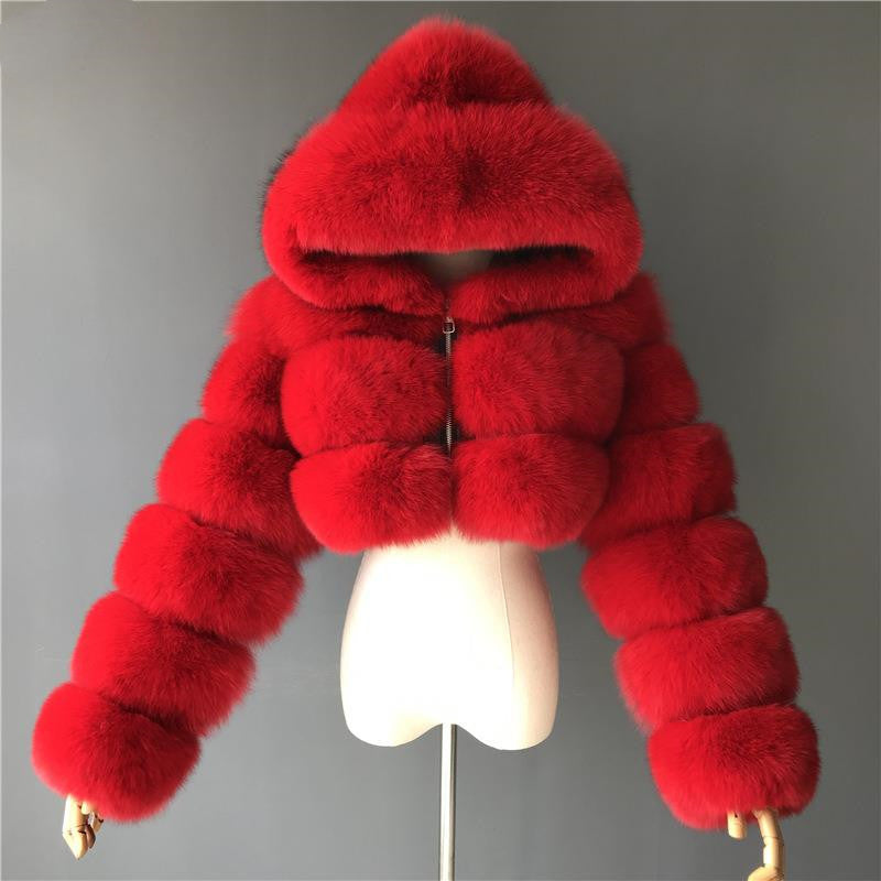 Women Faux furry Hooded Long Sleeve Crop Jacket 20