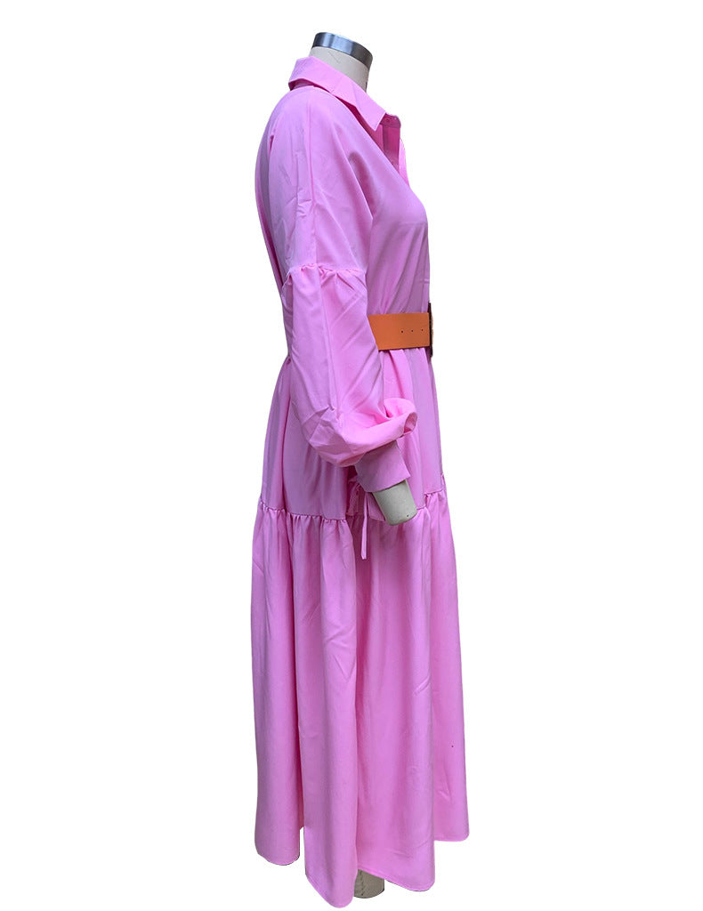 Spring Women's Fashion Chic Turndown Collar Long Sleeve Casual Midi Dress 14