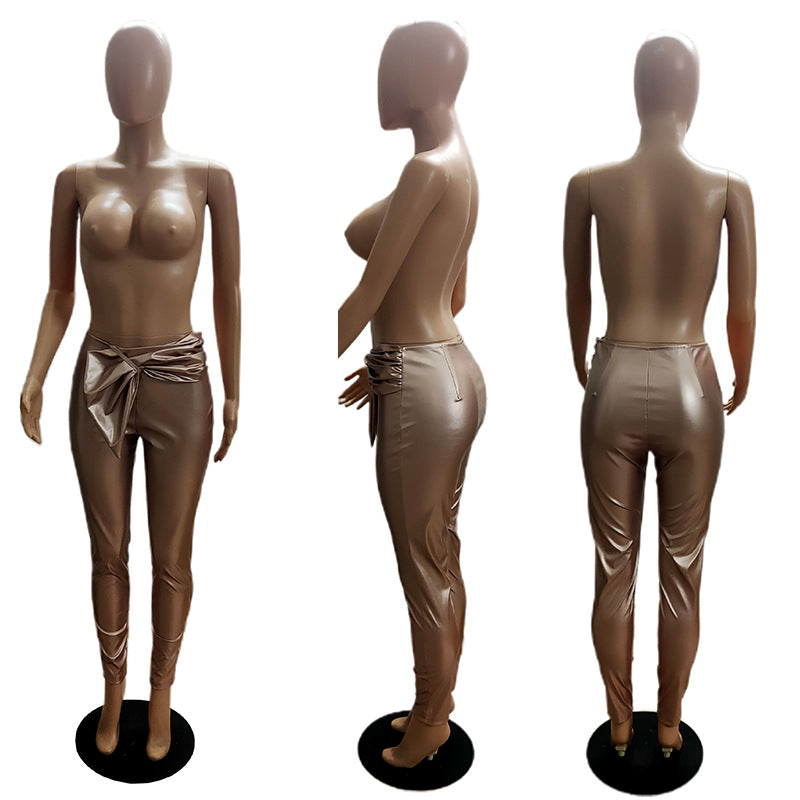 Women Stretch Belted Casual Pu Leather Pants 11