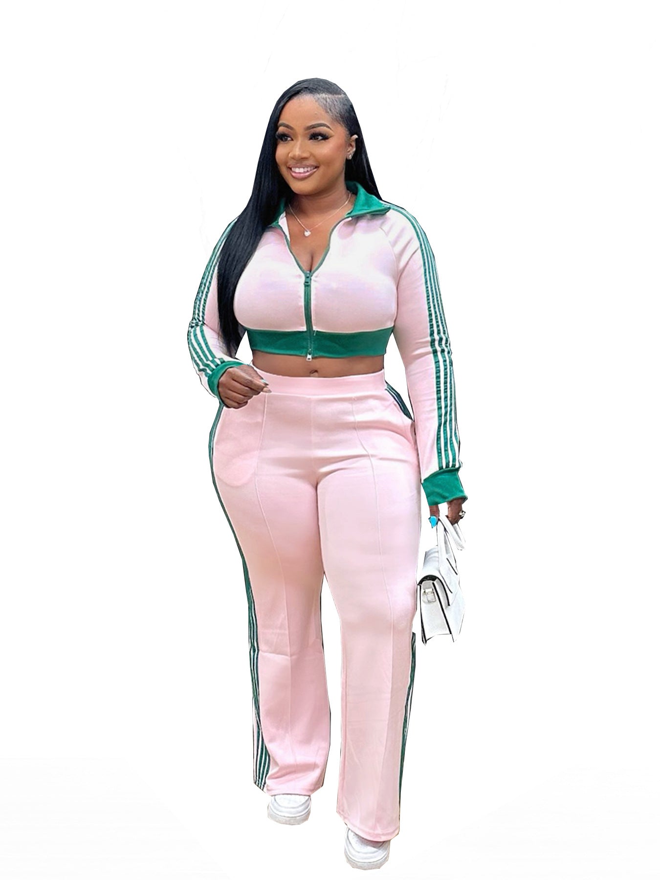 Women Casual contrast color zipper long-sleeved Crop Top and Pants two-piece set 14