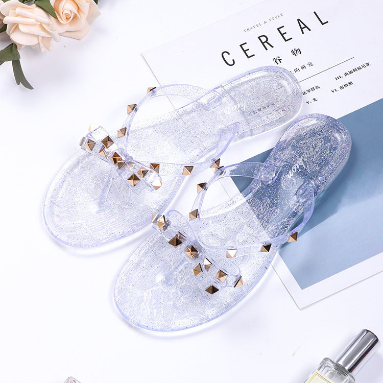 Women Rivet Shoes Bow Flip-Flops Summer Outwear Beach Flat Bottom Transparent Slippers 15