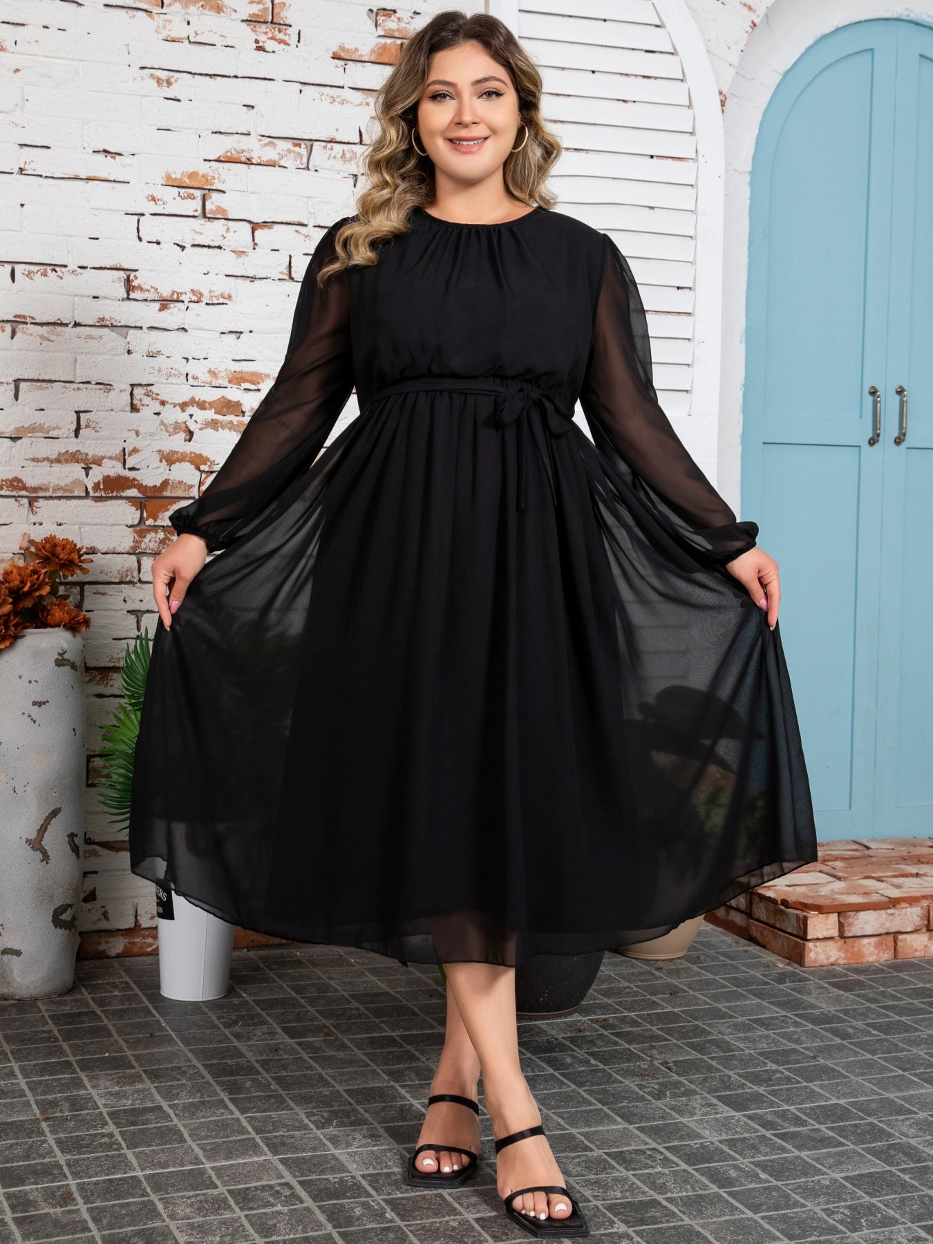 Plus Size Women Solid Elegant Chiffon Dress 5