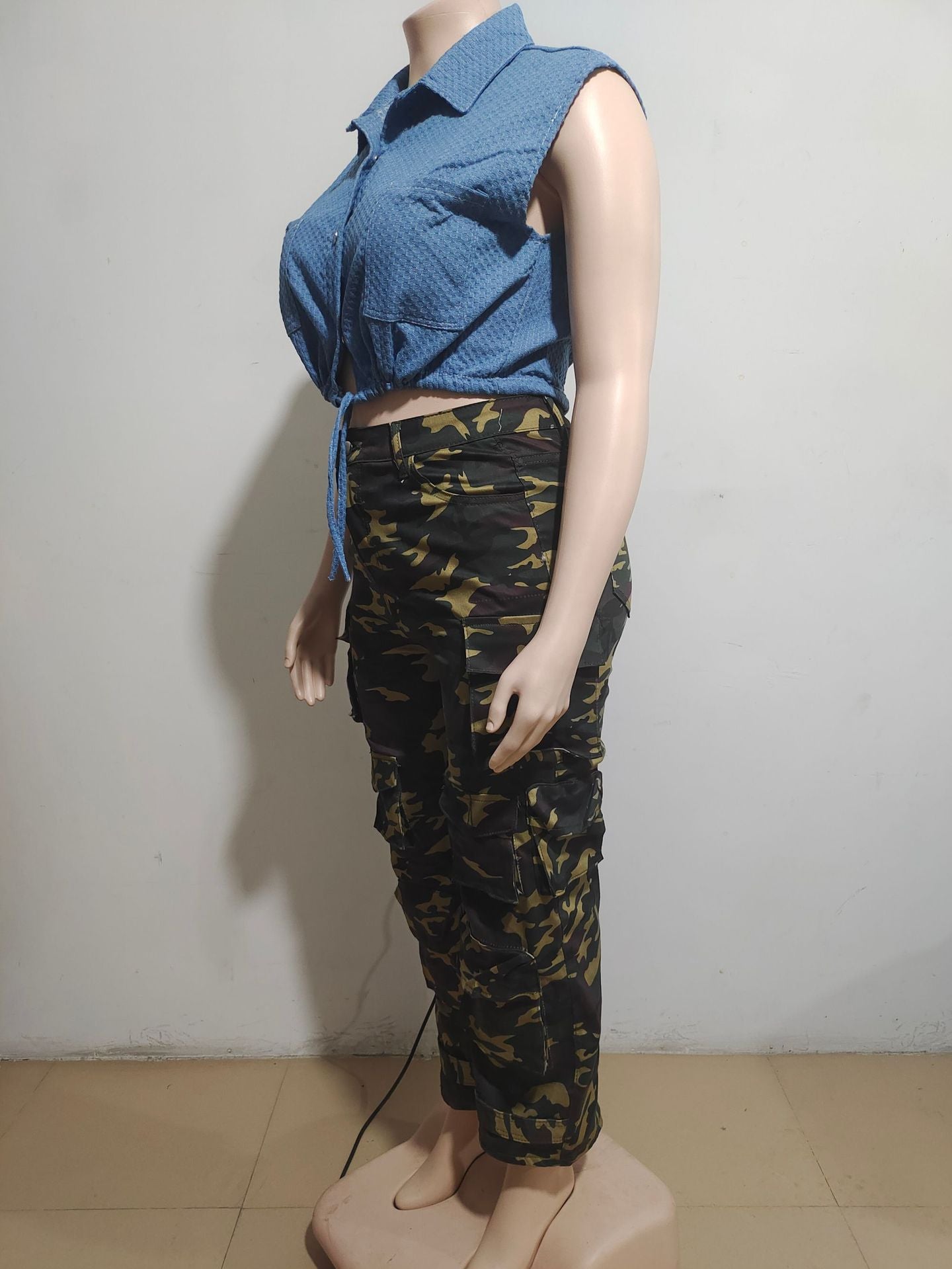 Women's Casual Vest Top Women's Fashion Loose Drawstring Turndown Collar Denim Jacket 7