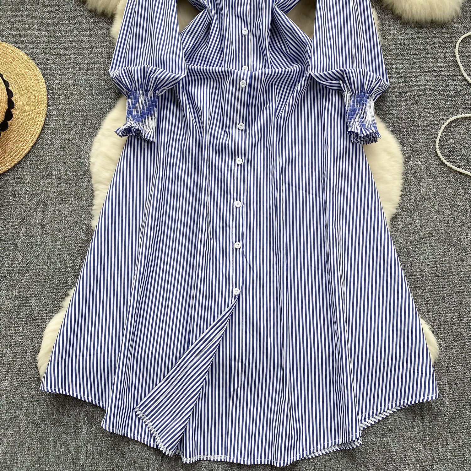 Chic Trendy Long Sleeve Single Button Casual Striped Shirt Dress 4