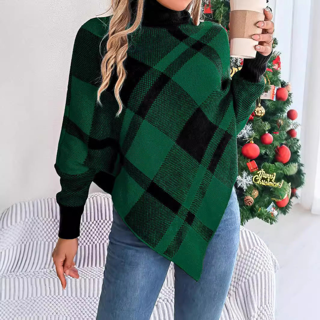 Autumn Winter Casual Contrast Plaid High-Neck Long-Sleeved Sweater Christmas Women's Clothing 5