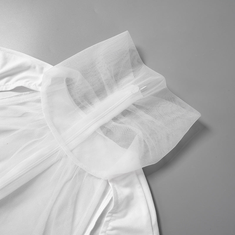 Women's Summer Solid Color Patchwork Mesh Round Neck Long Sleeve Slim Fit Pleated Short Dress 10