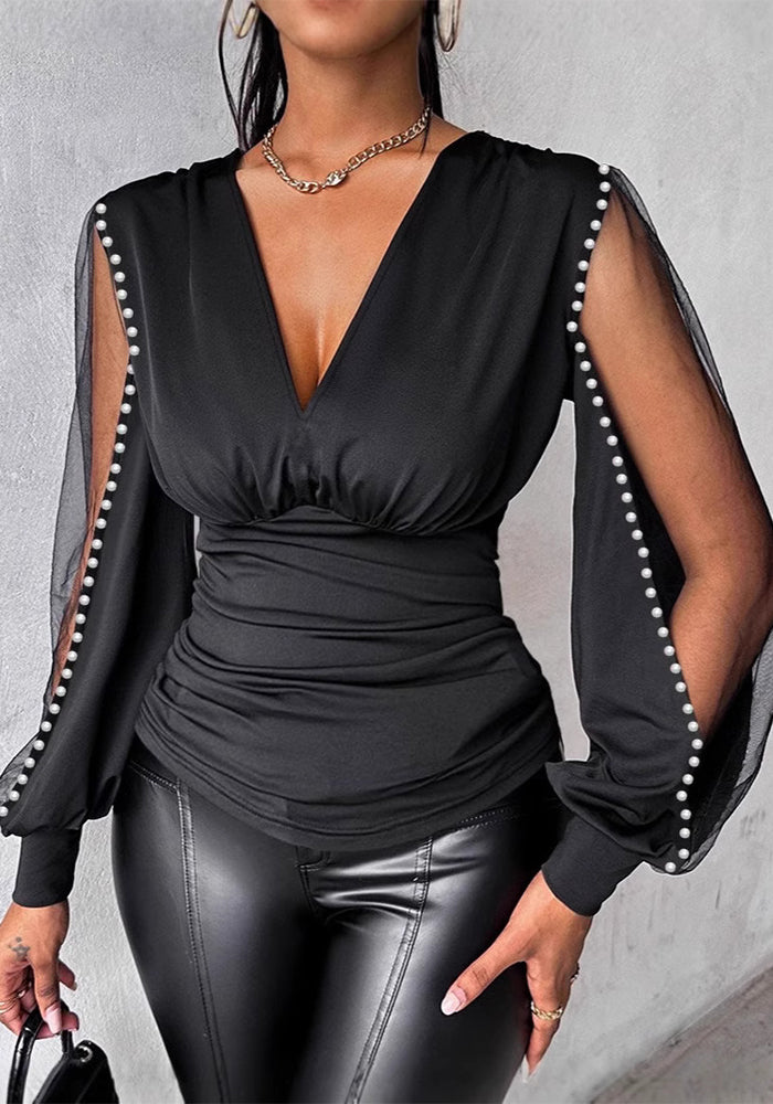 Women v-neck long sleeve Top Solid shirt