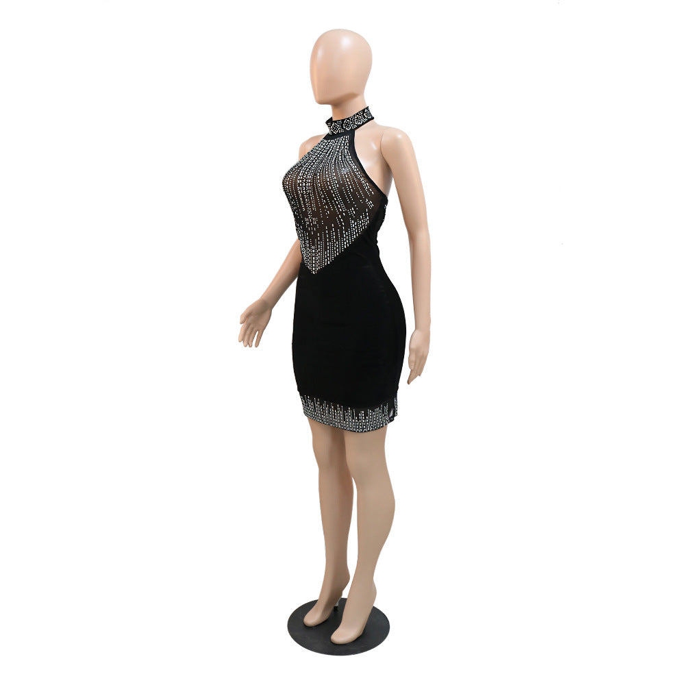 Women See-Through Mesh Beaded Patchwork Velvet Halter Neck Bodycon Dress 6