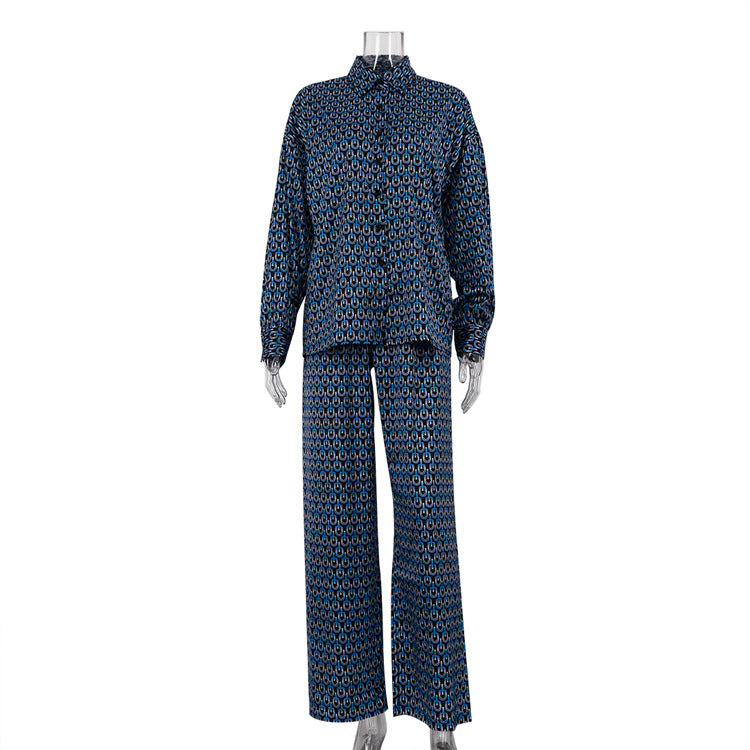 Autumn Chic Outfit Printed Long Sleeve Turndown Collar Shirt Wide-Leg Pants Fashion Two-Piece Suit 7