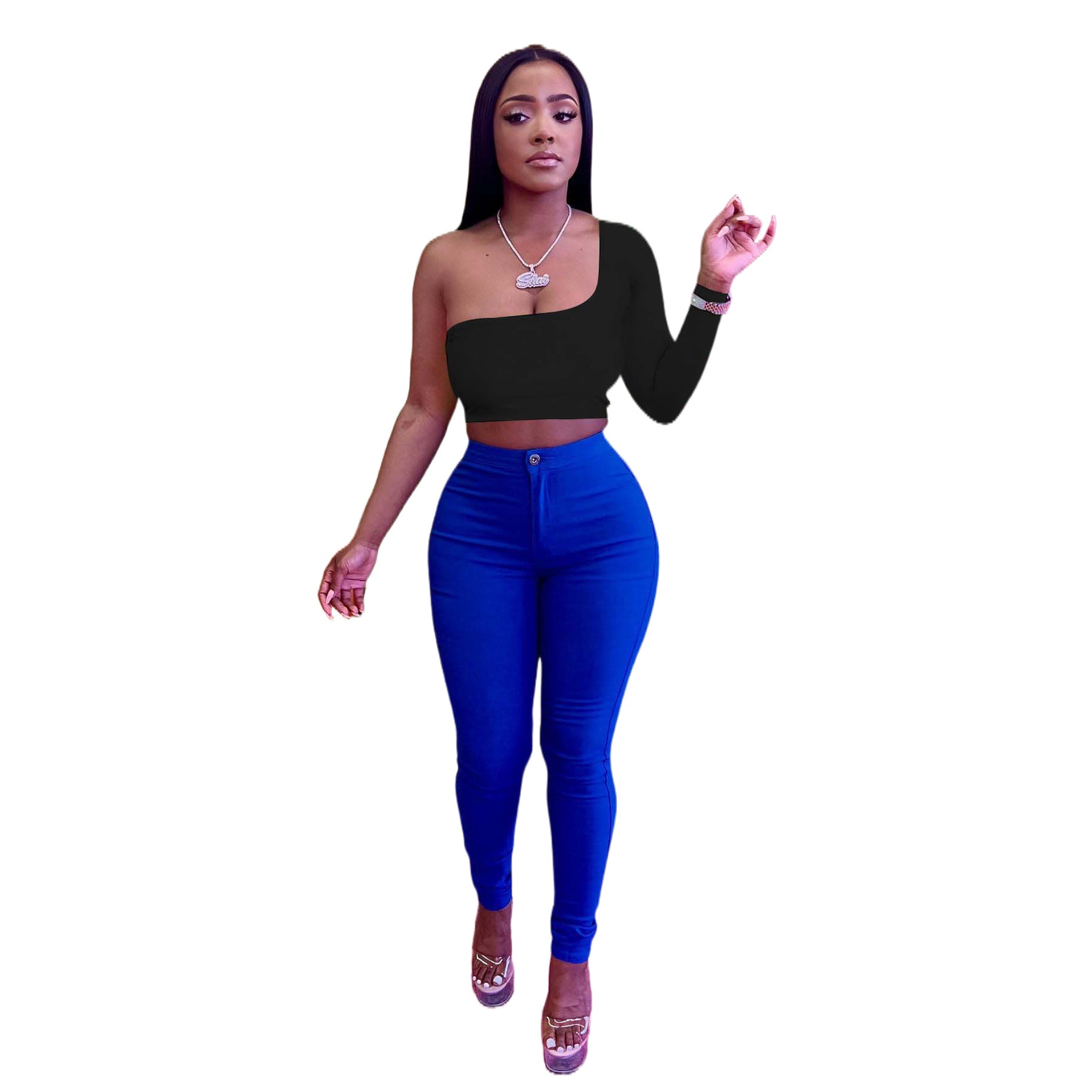 Trendy Color-Blocking Asymmetric Top Pants Two-Piece Set 6