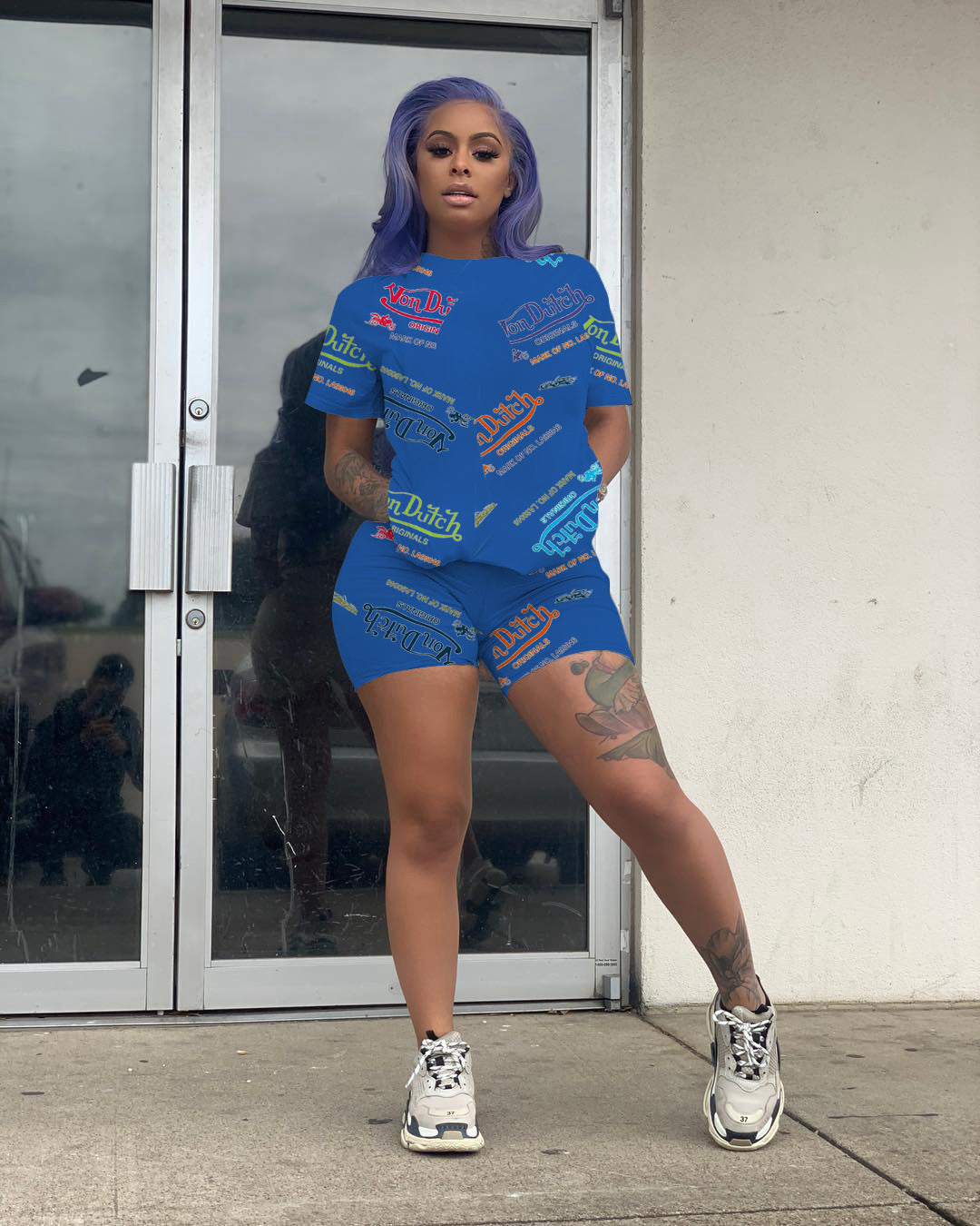 Women Sexy Letter Print Round Neck Short Sleeve Top and Shorts Two Piece Set 5