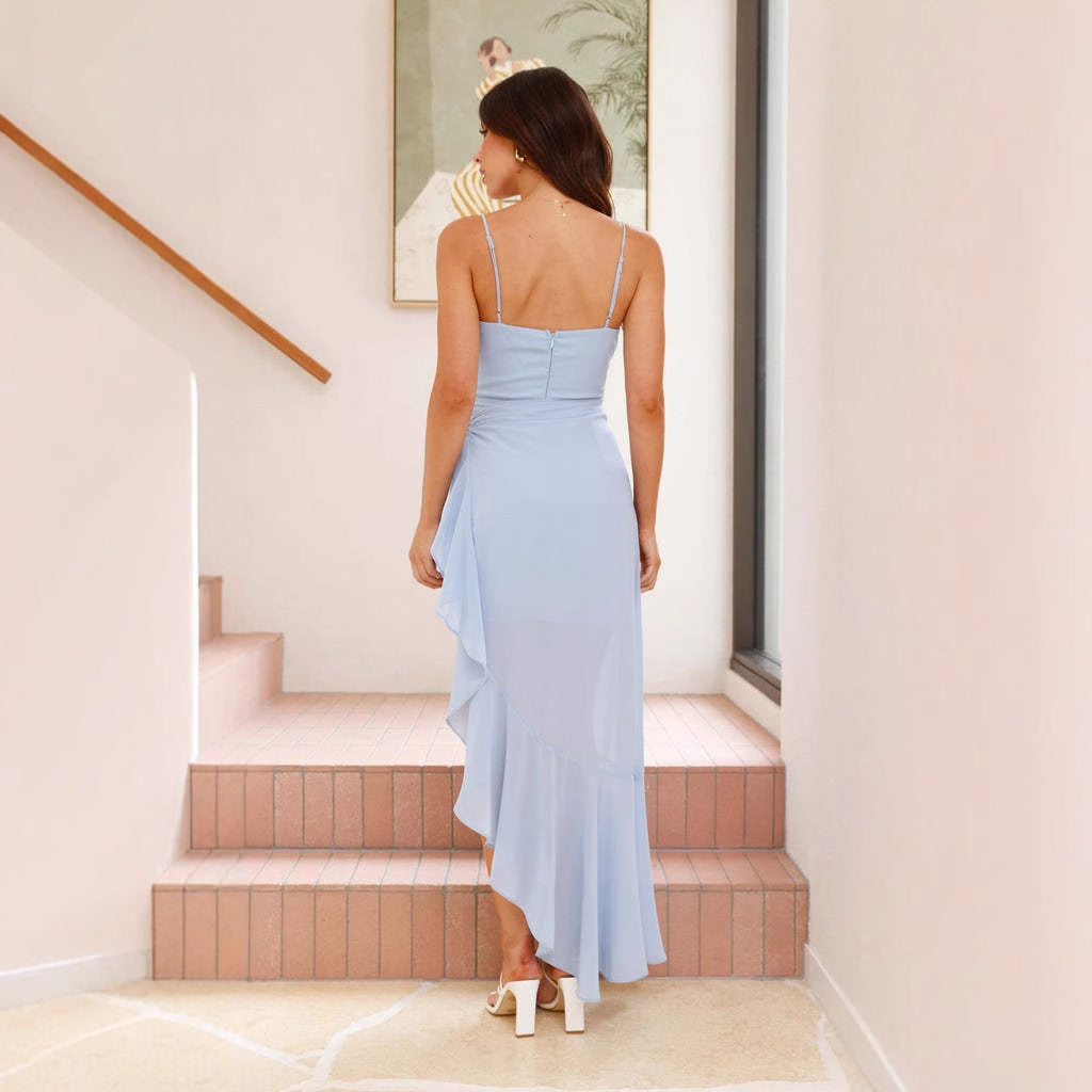 Women summer sexy suspenders Backless ruffle irregular dress 5