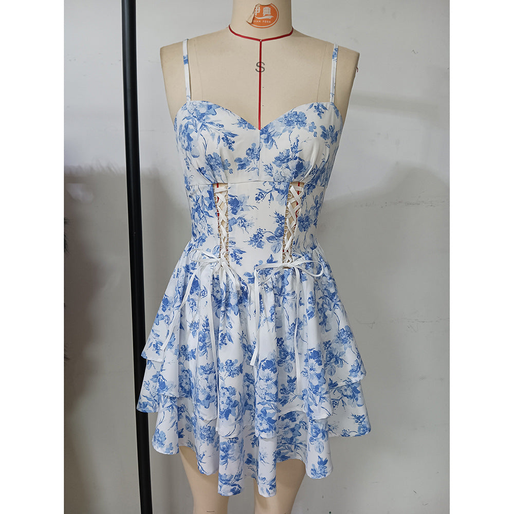 Summer Women's Fashion Print V Neck Sleeveless Strap Cake Short Dress 10