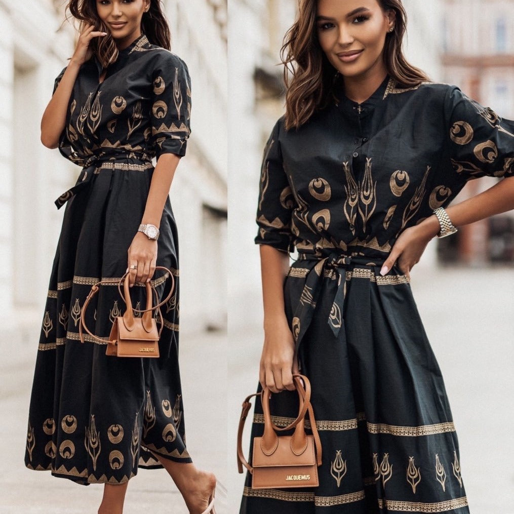 Women Printed Button Belt Shirt Dress