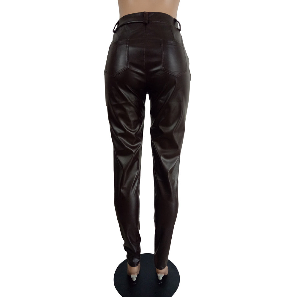 Women Chic Style Pu-Leather Trousers 13