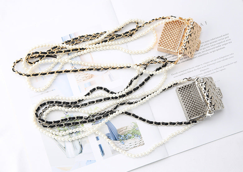 Women Hollow Diamond Earphone Bag Pearl Chain Waist Bag 11