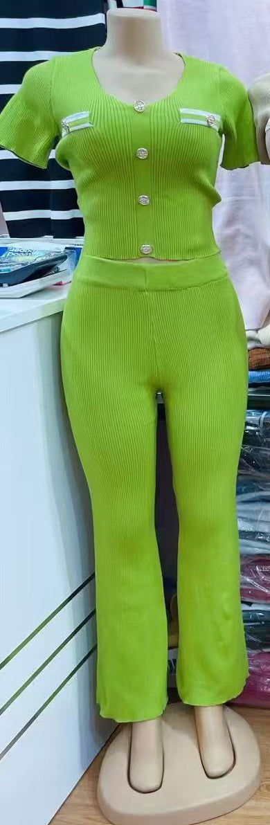 Knitting Women's Summer Outfit Slim Tight Fitting Short Sleeve Long Pants Set 4