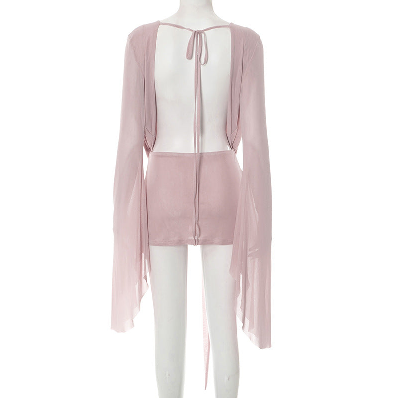 Women's Mesh Draped Neck Flared Long Sleeve Low Back Short Dress 10