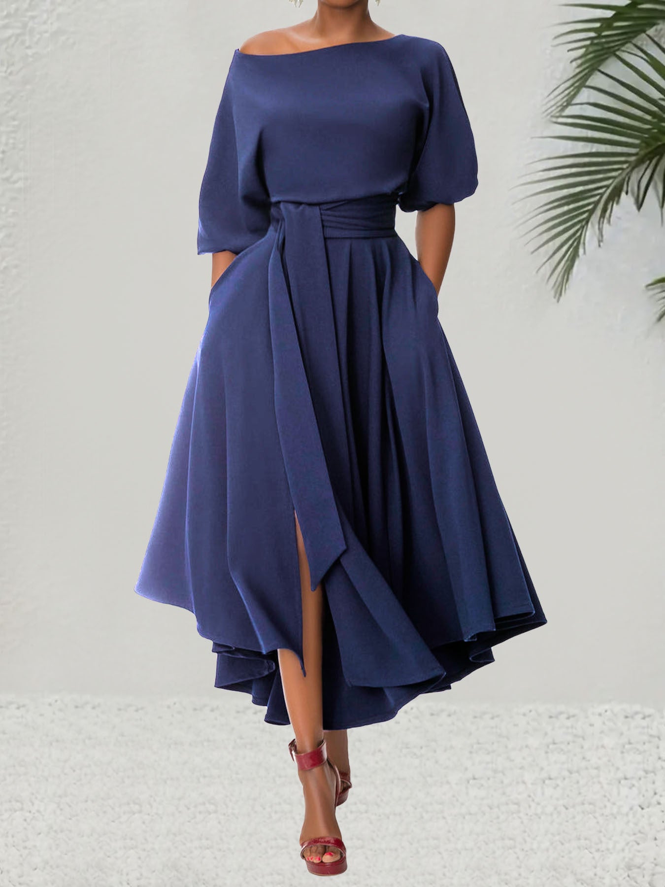 Chic Elegant Solid Color Slash Shoulder Belt Irregular Dress 3