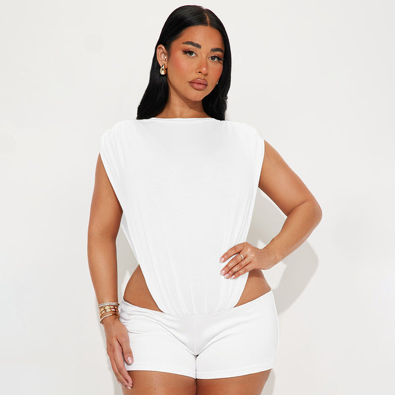 Women's Round Neck Sleeveless Side Cutout Bodysuit Top Tight Fitting Shorts Two-Piece Set