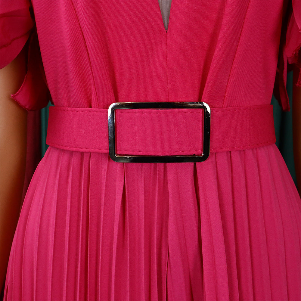 Belted Plus Size Women'smesh See-Through Sexy Pleated Wide Leg Slim Waist Jumpsuit 12