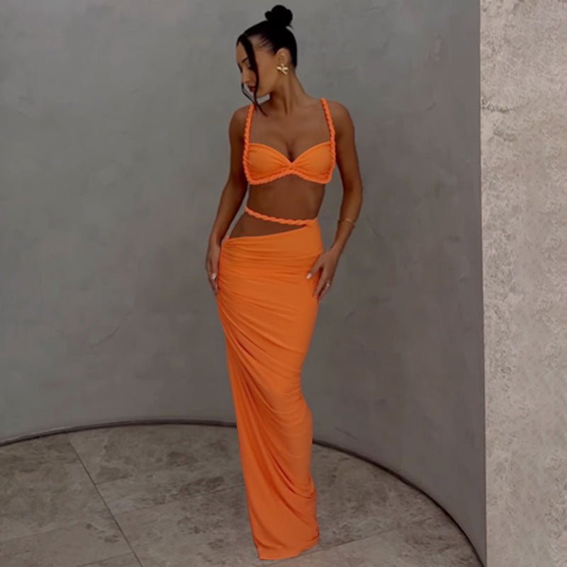 Women Spring Sexy Solid Backless Top and Bodycon Skirt Two-piece Set