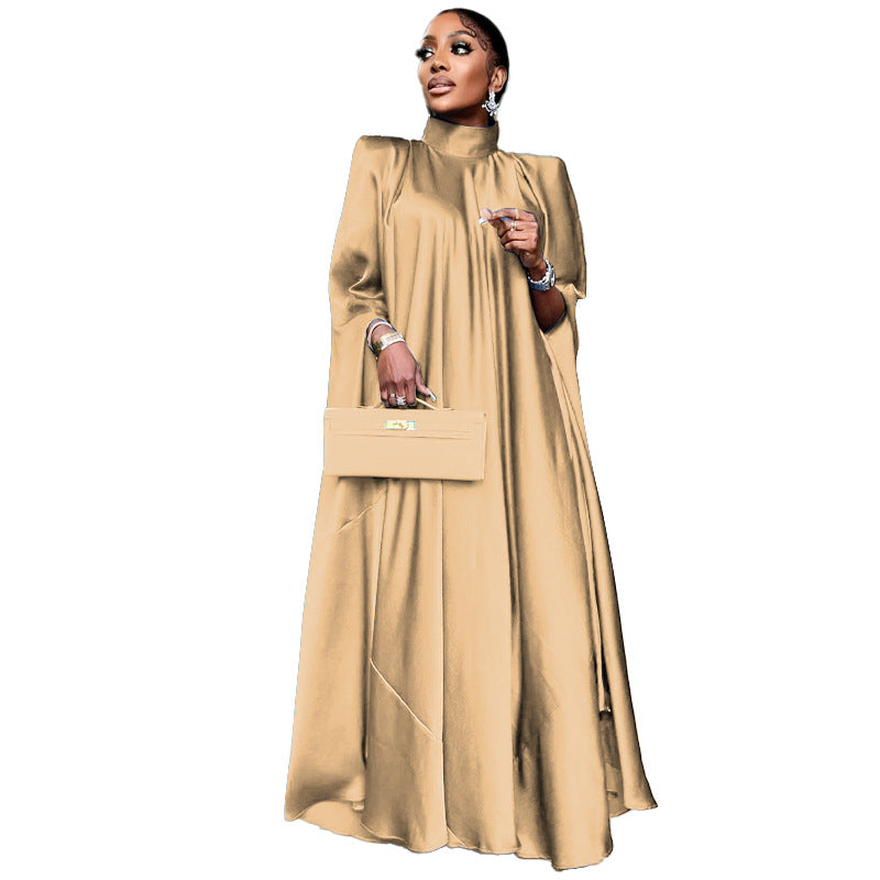 Dubai Muslim Women'S High Neck Loose Swing Robe Satin Dress Women'S Abaya 3