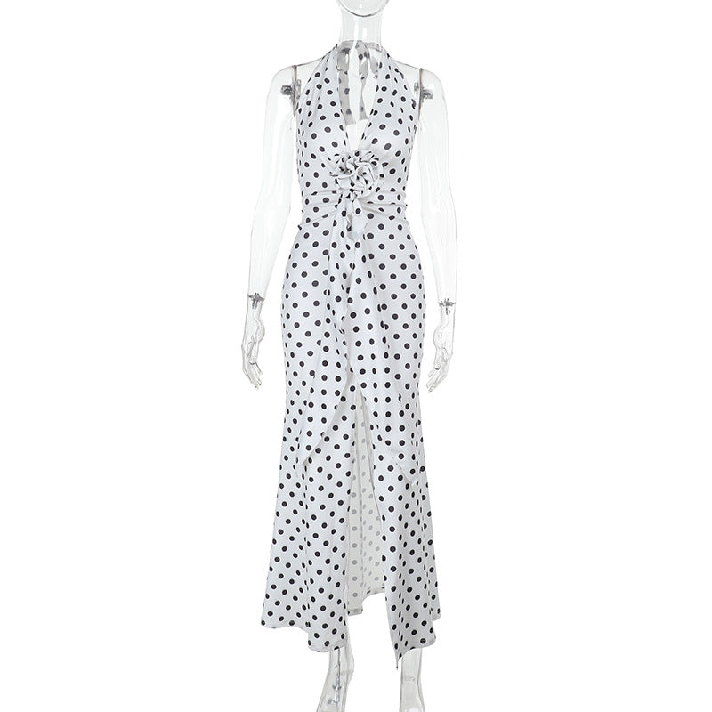 Summer Chic Polka Dot Sleeveless Halter Neck Slim Long Dress 7