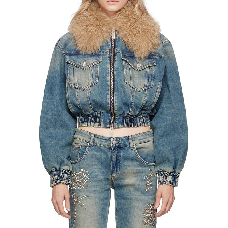 Women's Winter Removable Fur Collar Zipper Short Denim Jacket 3