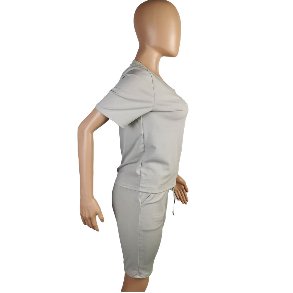 Women Clothing Solid V-Neck Tshirt+Pocket Shorts Two-Piece Set 29