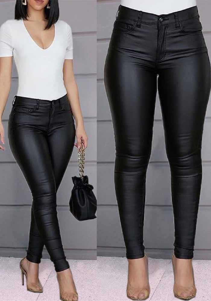 Autumn And Winter Solid Color Pu Leather Casual Sexy Tight Pants Women's Trousers