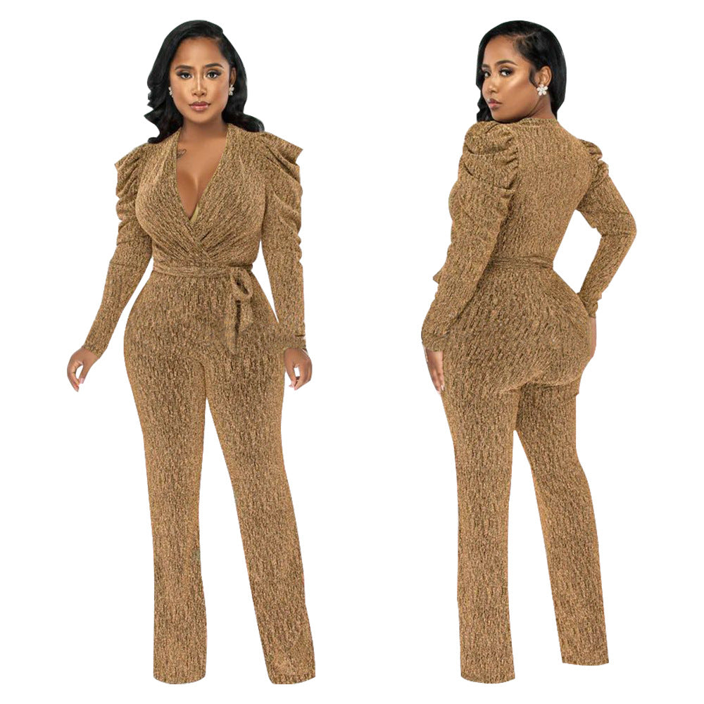 Women'S Sexy Slim Waist V Neck Puff Sleeve Shiny Knitting Jumpsuit 6