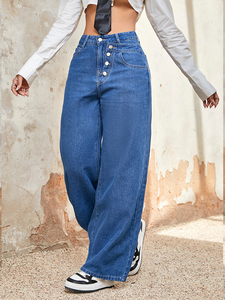 Autumn Loose Straight Leg High Waist Denim Pants Single Breasted Wide Leg Trousers
