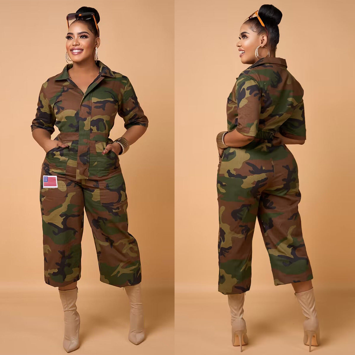 Women Camouflage Print Pocket Turndown Collar Jumpsuit 3