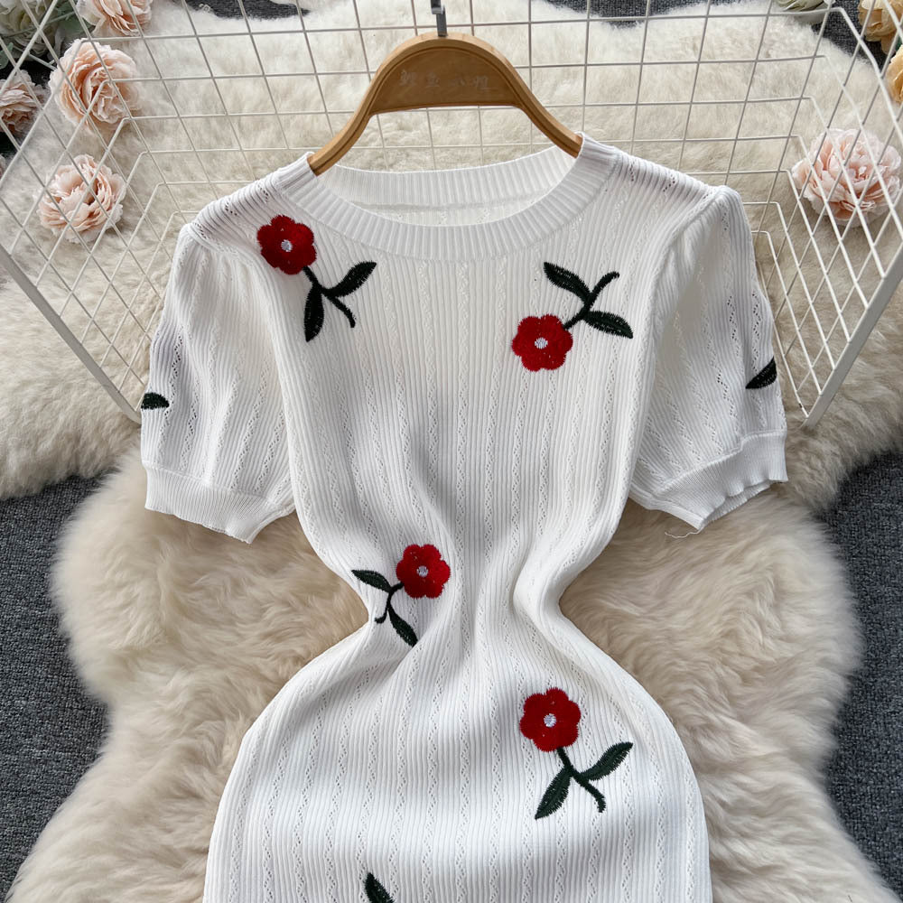 Summer Chic Embroidered Rose Short Sleeve Bodycon Knit Dress 5