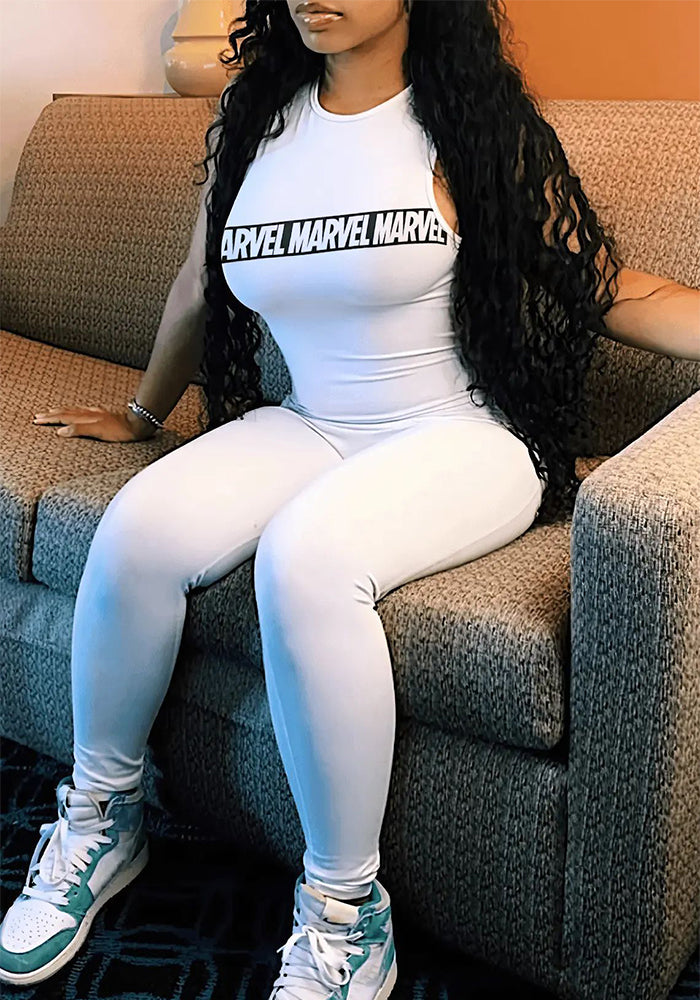 Women's Casual Sports Street Slim Letter Print Round Neck Sleeveless Jumpsuit