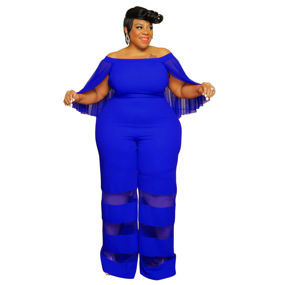 Women'S Off Shoulder Mesh Patchwork Sexy Casual Chic Plus Size Jumpsuit 14