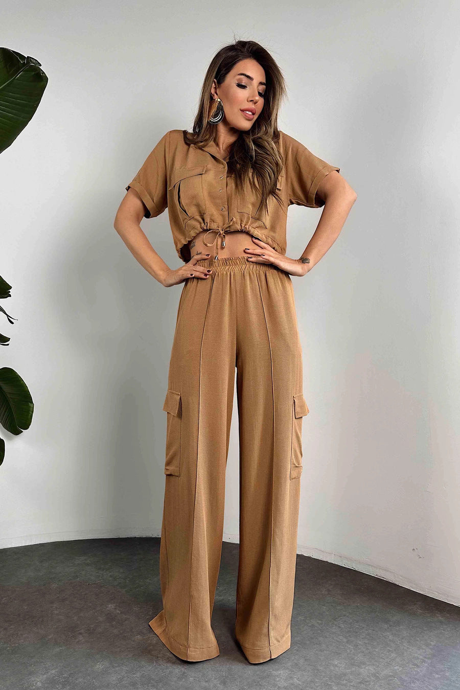 Women Summer Casual Short Sleeve Top and Cargo Pants Two-piece Set 3