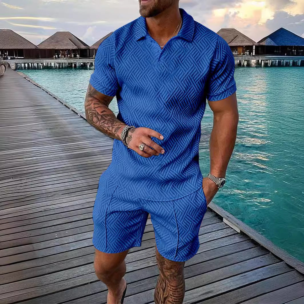 Men's Summer Fashion Casual Printed Turndown Collar Polo Shirt Shorts Two Piece Set 5