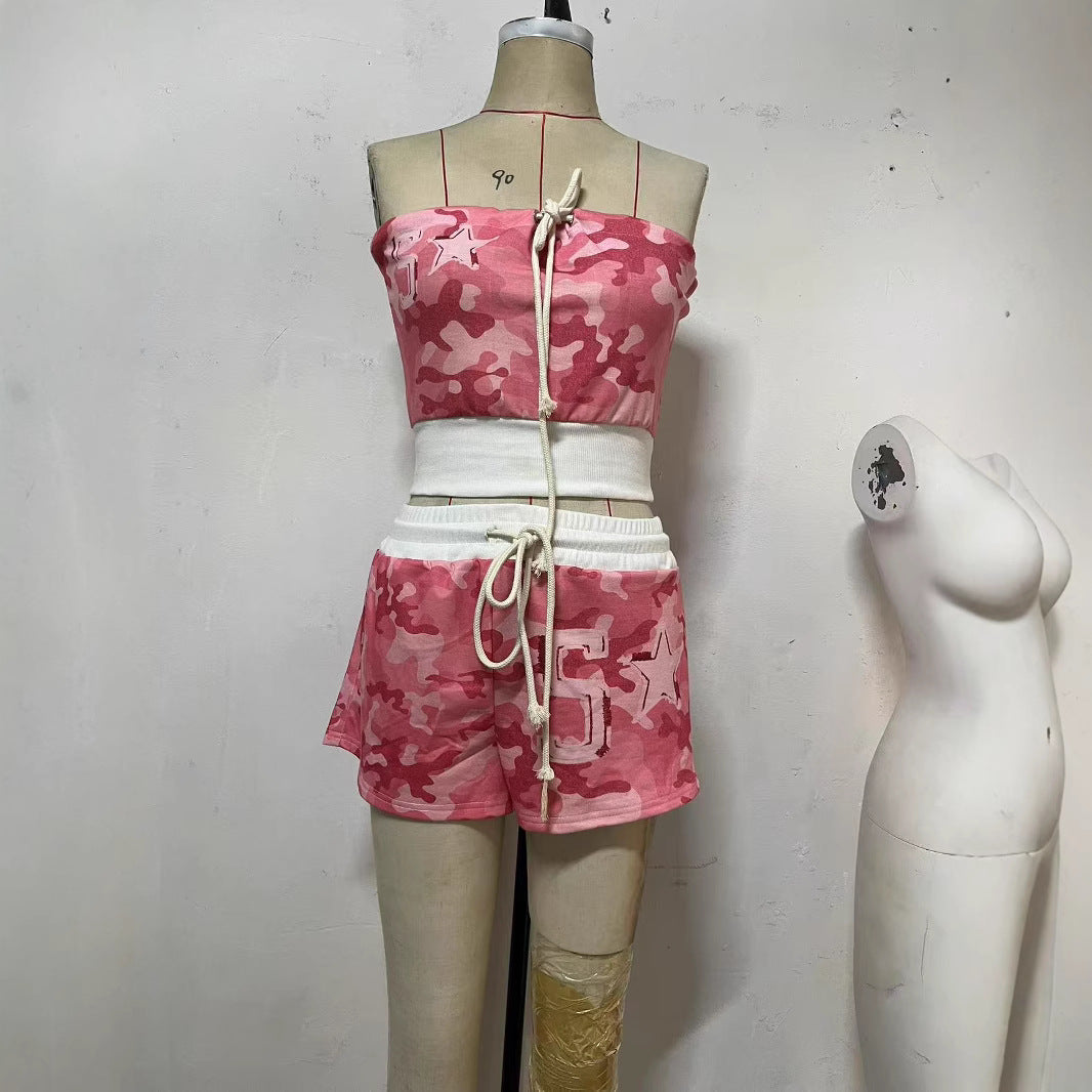 American Streetwear Color-Block Camo Strapless Top & Jogger Shorts Set 6